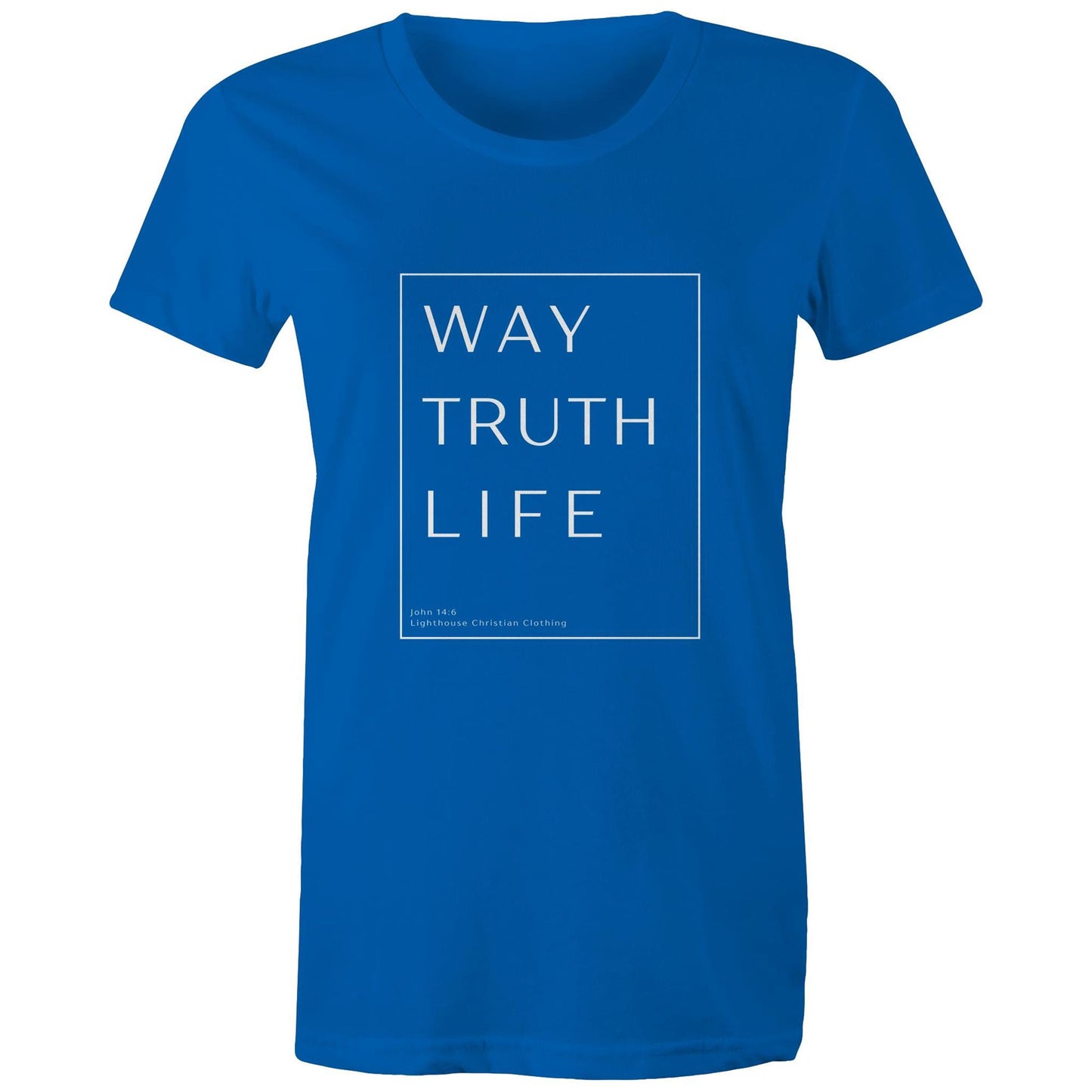 Christian t-shirt with 'Way Truth Life' Bible verse design from John 14:6 – minimalist faith-based apparel by Lighthouse Christian Clothing.