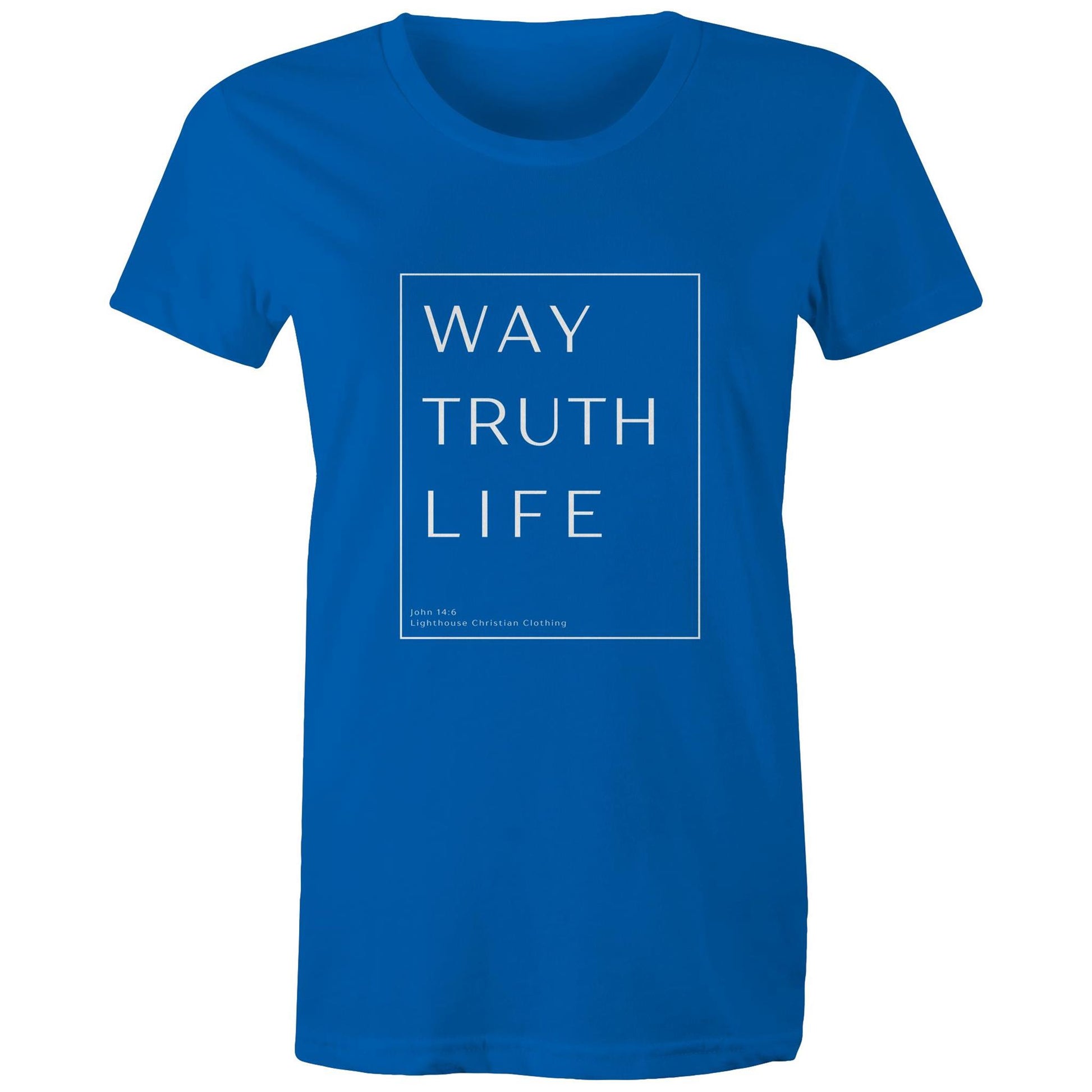 Christian t-shirt with 'Way Truth Life' Bible verse design from John 14:6 – minimalist faith-based apparel by Lighthouse Christian Clothing.