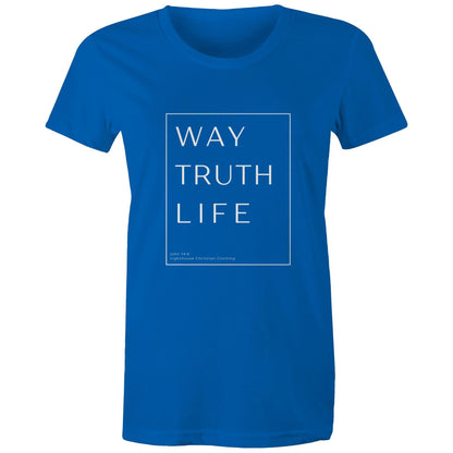 Christian t-shirt with 'Way Truth Life' Bible verse design from John 14:6 – minimalist faith-based apparel by Lighthouse Christian Clothing.