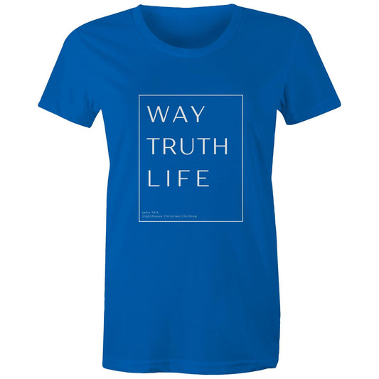 Christian t-shirt with 'Way Truth Life' Bible verse design from John 14:6 – minimalist faith-based apparel by Lighthouse Christian Clothing.