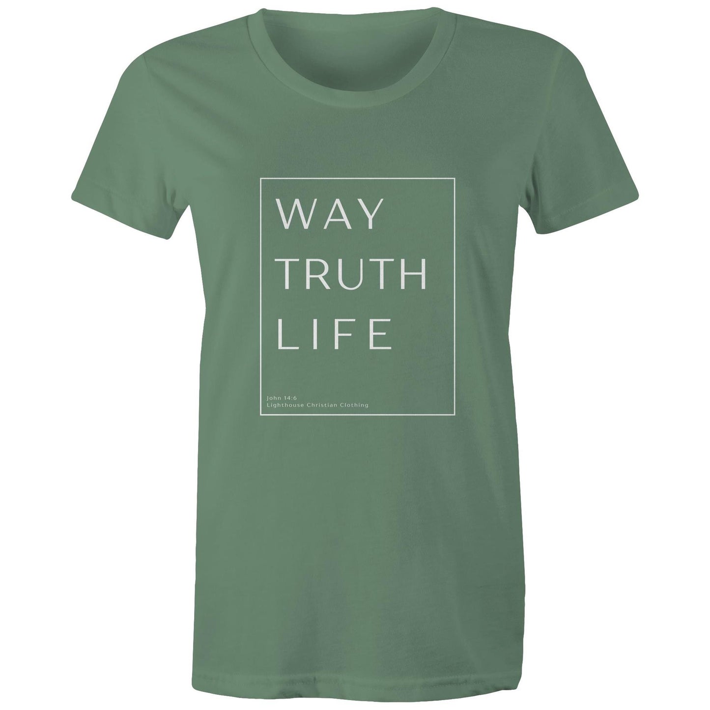 Christian t-shirt with 'Way Truth Life' Bible verse design from John 14:6 – minimalist faith-based apparel by Lighthouse Christian Clothing.