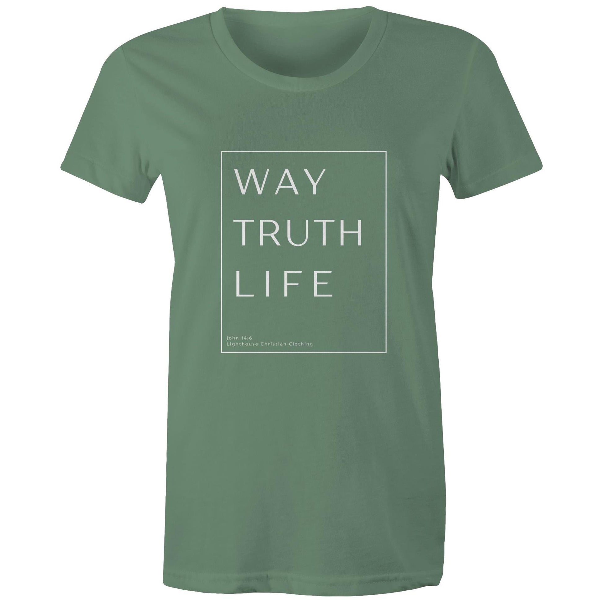 Christian t-shirt with 'Way Truth Life' Bible verse design from John 14:6 – minimalist faith-based apparel by Lighthouse Christian Clothing.