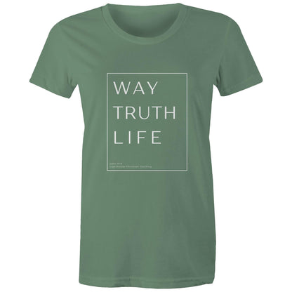 Christian t-shirt with 'Way Truth Life' Bible verse design from John 14:6 – minimalist faith-based apparel by Lighthouse Christian Clothing.