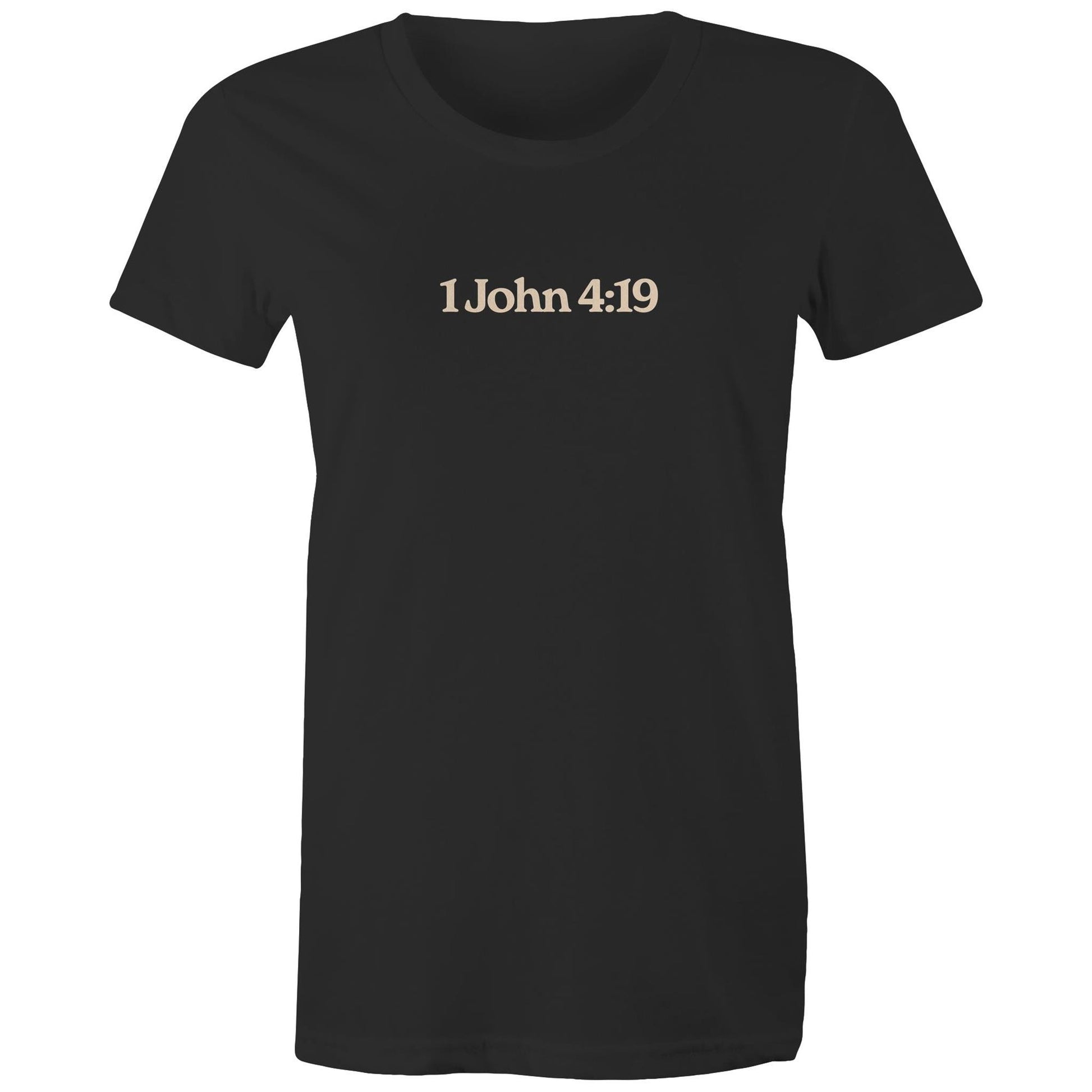 Minimalist Christian t-shirt front design featuring the verse reference “1 John 4:19”. Created by Lighthouse Christian Clothing to express faith with subtlety and purpose.