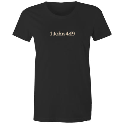 Minimalist Christian t-shirt front design featuring the verse reference “1 John 4:19”. Created by Lighthouse Christian Clothing to express faith with subtlety and purpose.
