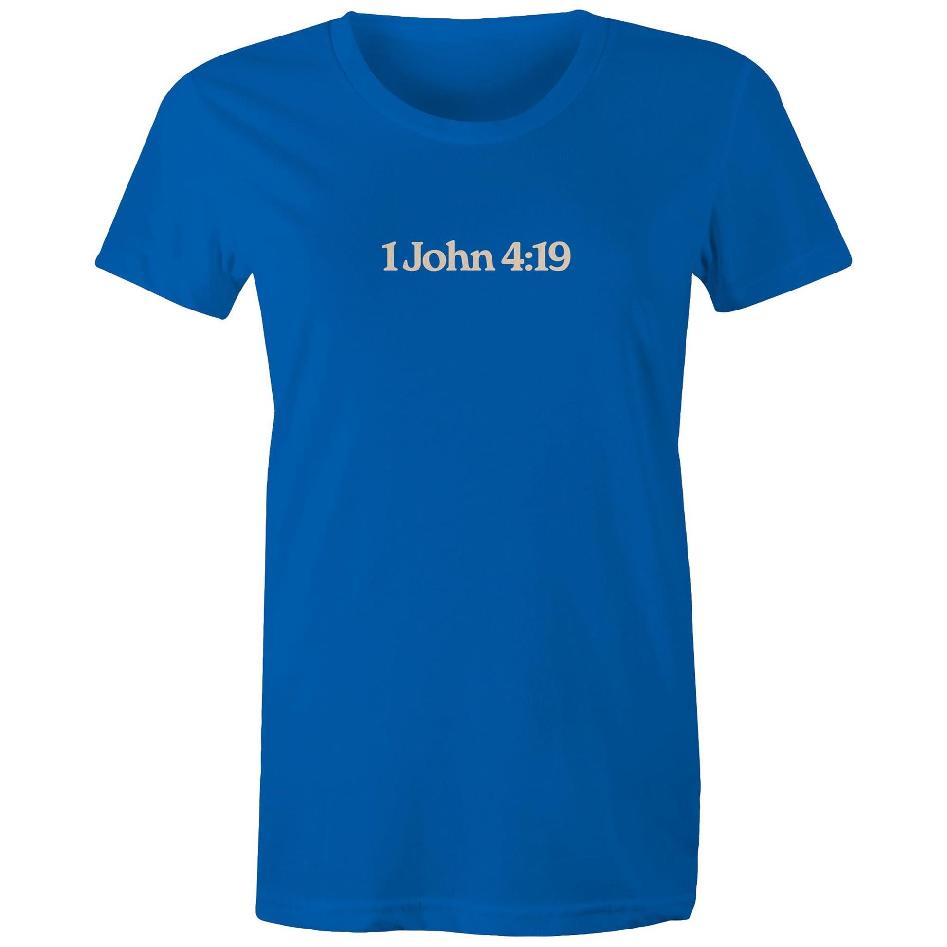 Minimalist Christian t-shirt front design featuring the verse reference “1 John 4:19”. Created by Lighthouse Christian Clothing to express faith with subtlety and purpose.