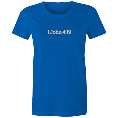 Minimalist Christian t-shirt front design featuring the verse reference “1 John 4:19”. Created by Lighthouse Christian Clothing to express faith with subtlety and purpose.