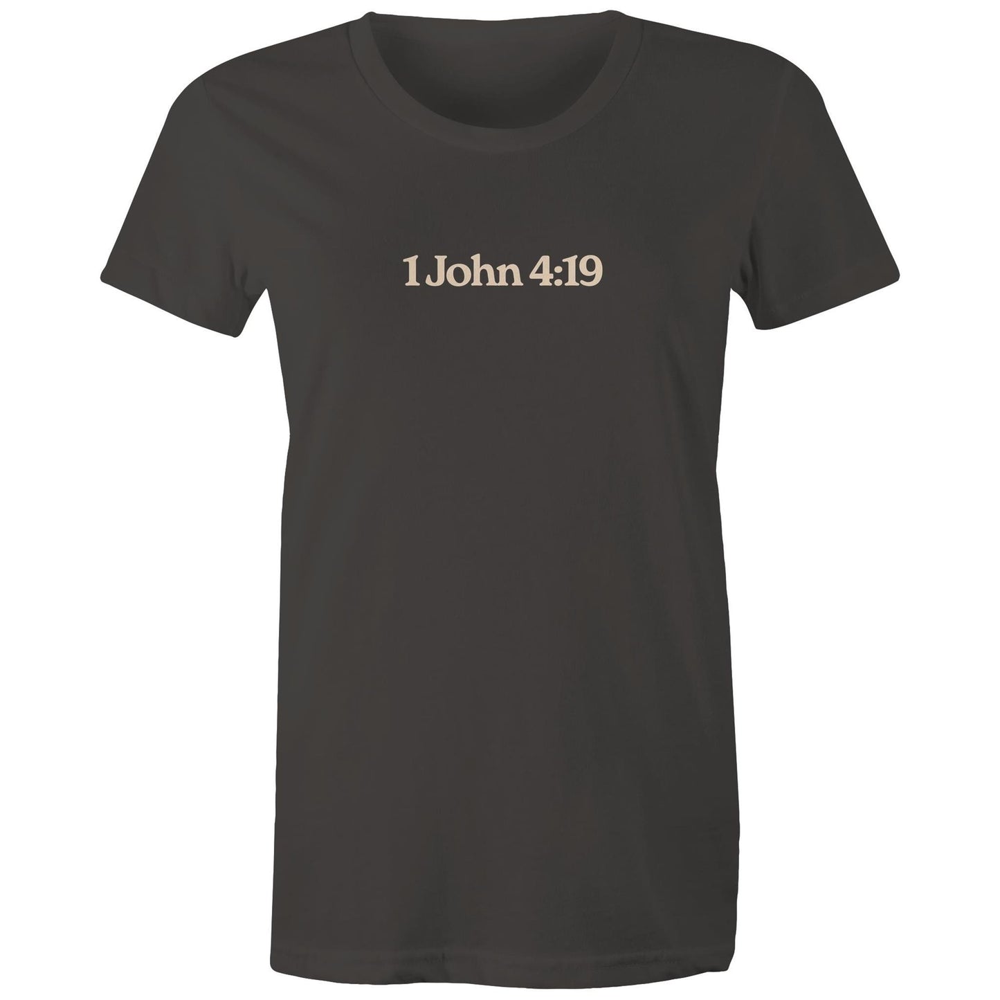 Minimalist Christian t-shirt front design featuring the verse reference “1 John 4:19”. Created by Lighthouse Christian Clothing to express faith with subtlety and purpose.