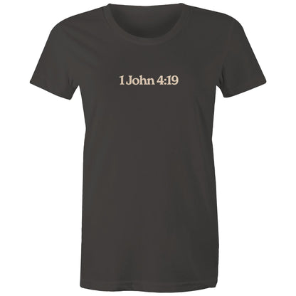 Minimalist Christian t-shirt front design featuring the verse reference “1 John 4:19”. Created by Lighthouse Christian Clothing to express faith with subtlety and purpose.