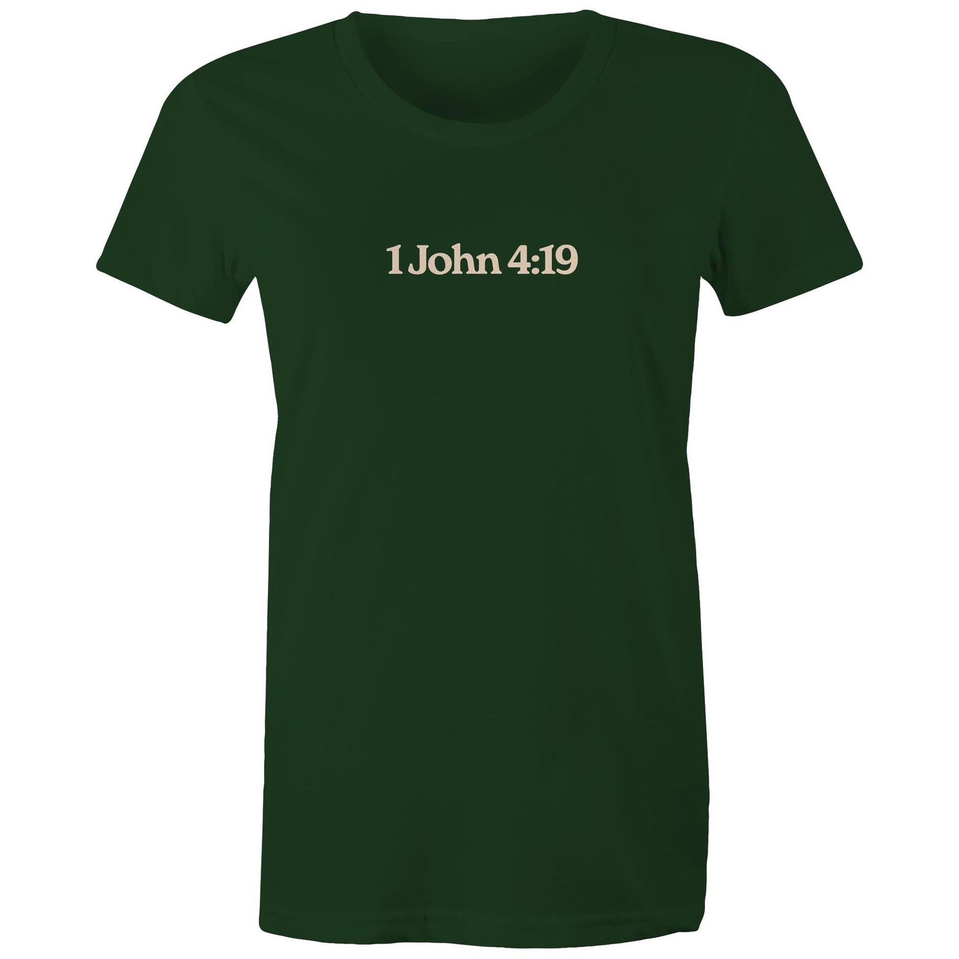 Minimalist Christian t-shirt front design featuring the verse reference “1 John 4:19”. Created by Lighthouse Christian Clothing to express faith with subtlety and purpose.