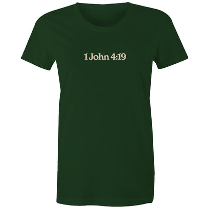 Minimalist Christian t-shirt front design featuring the verse reference “1 John 4:19”. Created by Lighthouse Christian Clothing to express faith with subtlety and purpose.