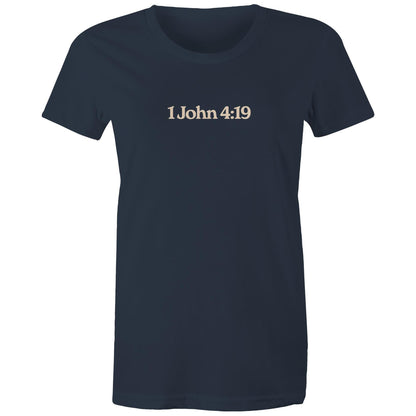 Minimalist Christian t-shirt front design featuring the verse reference “1 John 4:19”. Created by Lighthouse Christian Clothing to express faith with subtlety and purpose.