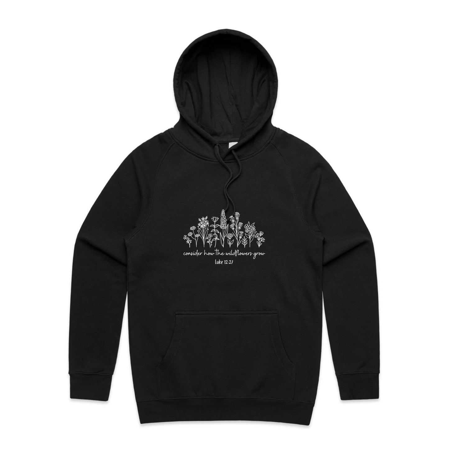 Christian hoodie with white wildflower illustration and Bible verse 'Consider how the wildflowers grow – Luke 12:27' — cozy faith-based apparel by Lighthouse Christian Clothing.