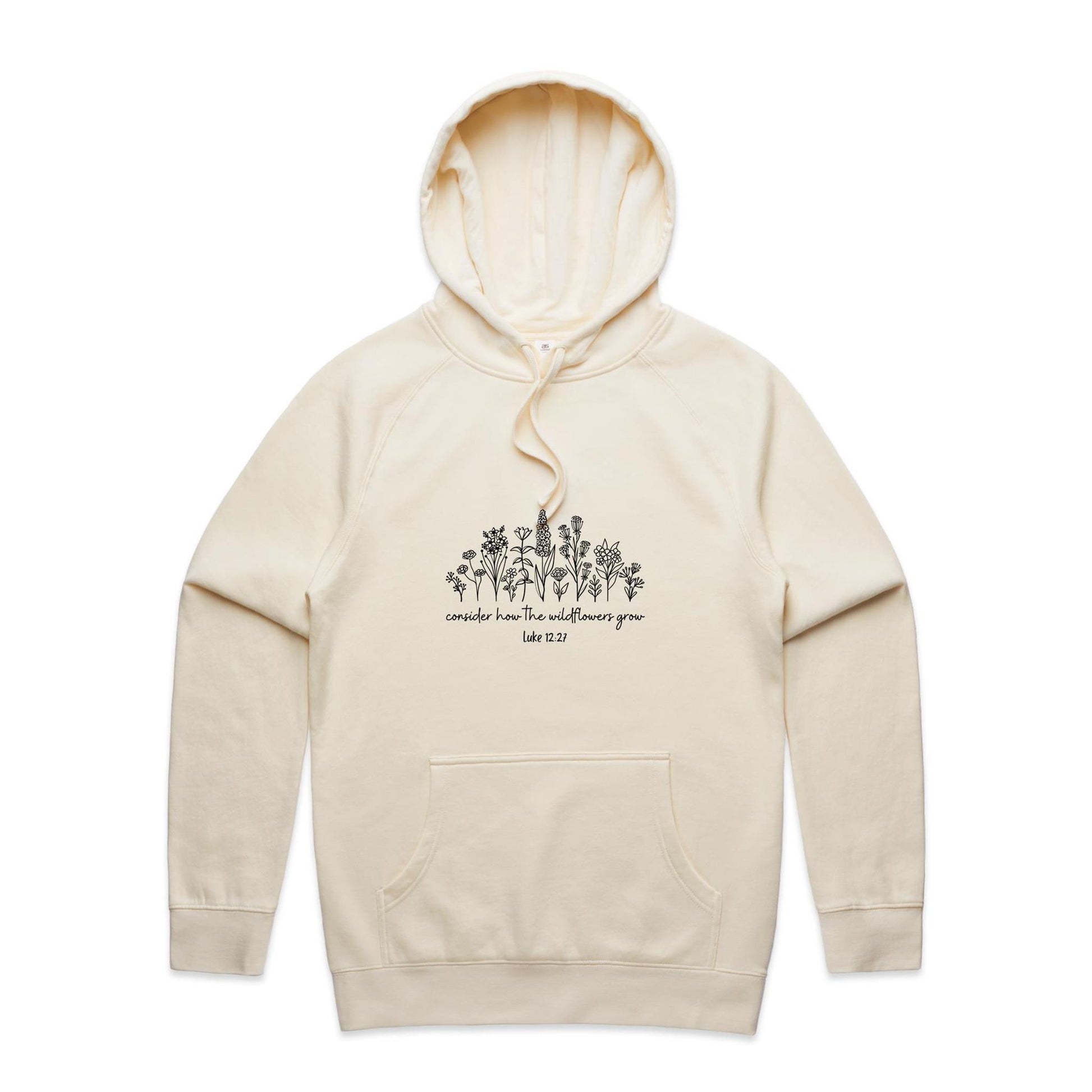 Christian hoodie with black wildflower illustration and Bible verse 'Consider how the wildflowers grow – Luke 12:27' — cozy faith-based apparel by Lighthouse Christian Clothing.