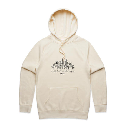 Christian hoodie with black wildflower illustration and Bible verse 'Consider how the wildflowers grow – Luke 12:27' — cozy faith-based apparel by Lighthouse Christian Clothing.