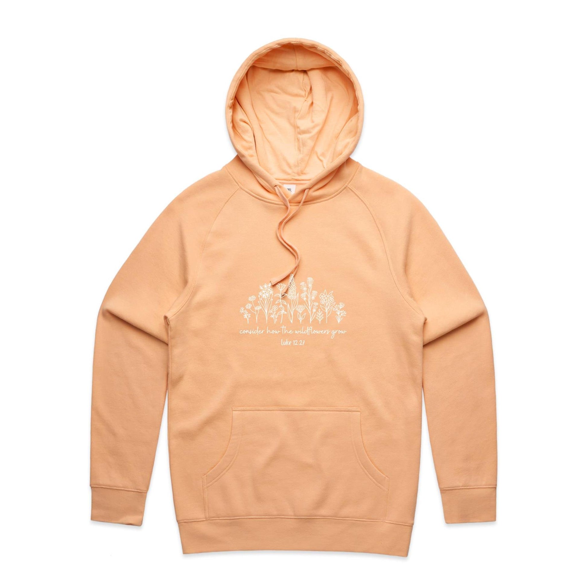 Christian hoodie with white wildflower illustration and Bible verse 'Consider how the wildflowers grow – Luke 12:27' — cozy faith-based apparel by Lighthouse Christian Clothing.