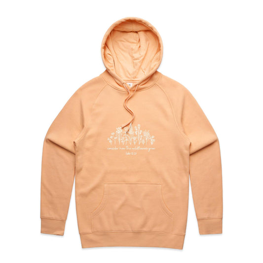 Christian hoodie with white wildflower illustration and Bible verse 'Consider how the wildflowers grow – Luke 12:27' — cozy faith-based apparel by Lighthouse Christian Clothing.