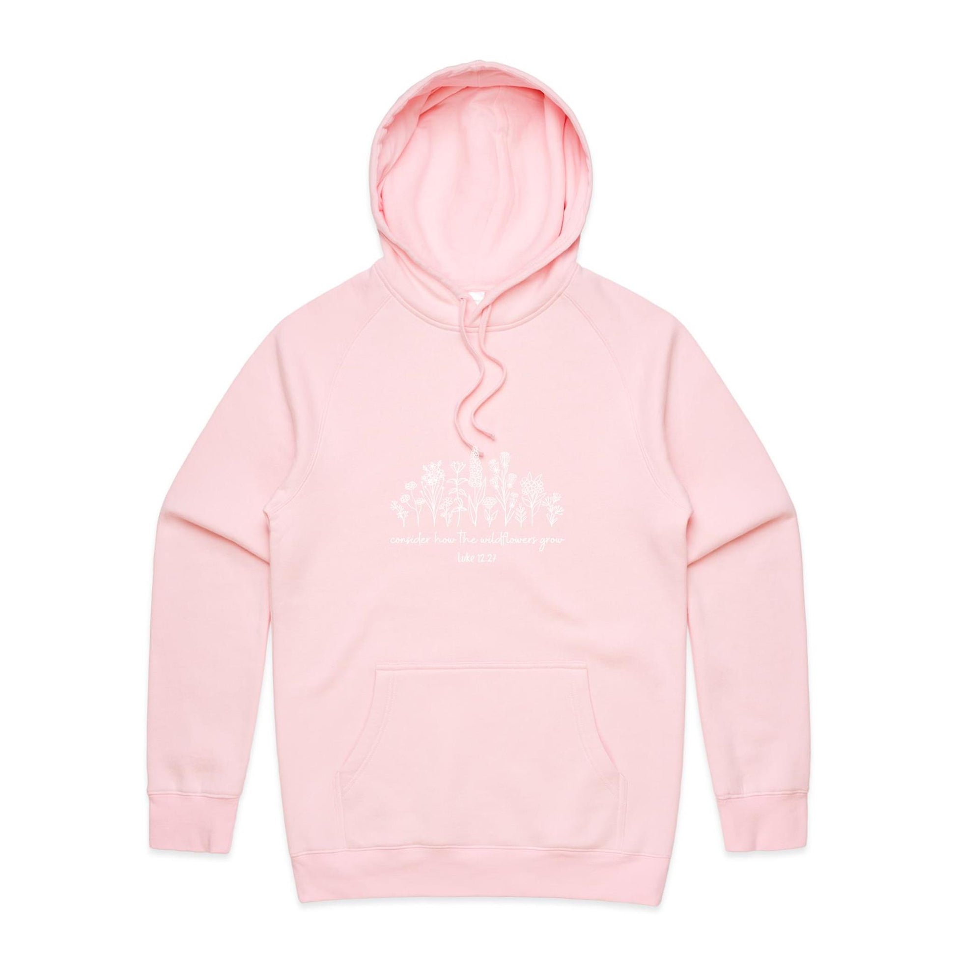 Christian hoodie with white wildflower illustration and Bible verse 'Consider how the wildflowers grow – Luke 12:27' — cozy faith-based apparel by Lighthouse Christian Clothing.
