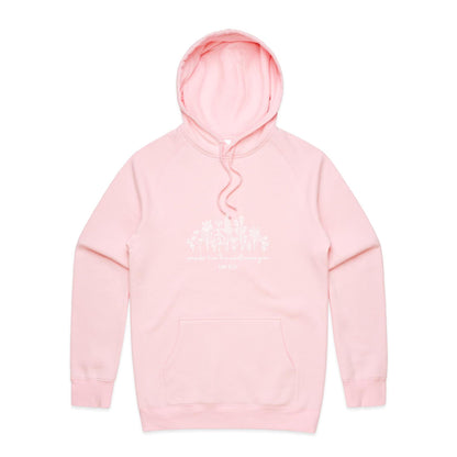 Christian hoodie with white wildflower illustration and Bible verse 'Consider how the wildflowers grow – Luke 12:27' — cozy faith-based apparel by Lighthouse Christian Clothing.