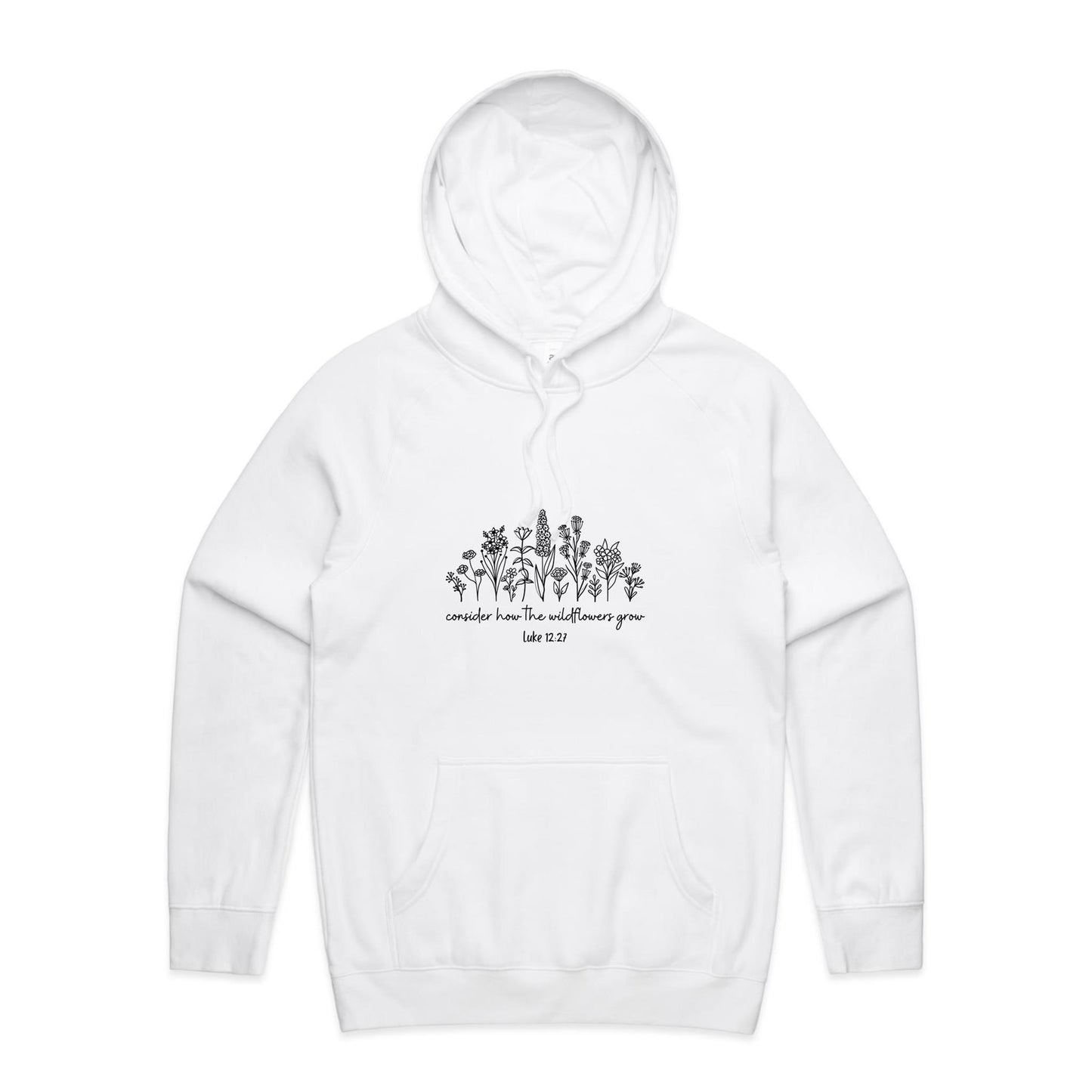 Christian hoodie with black wildflower illustration and Bible verse 'Consider how the wildflowers grow – Luke 12:27' — cozy faith-based apparel by Lighthouse Christian Clothing.