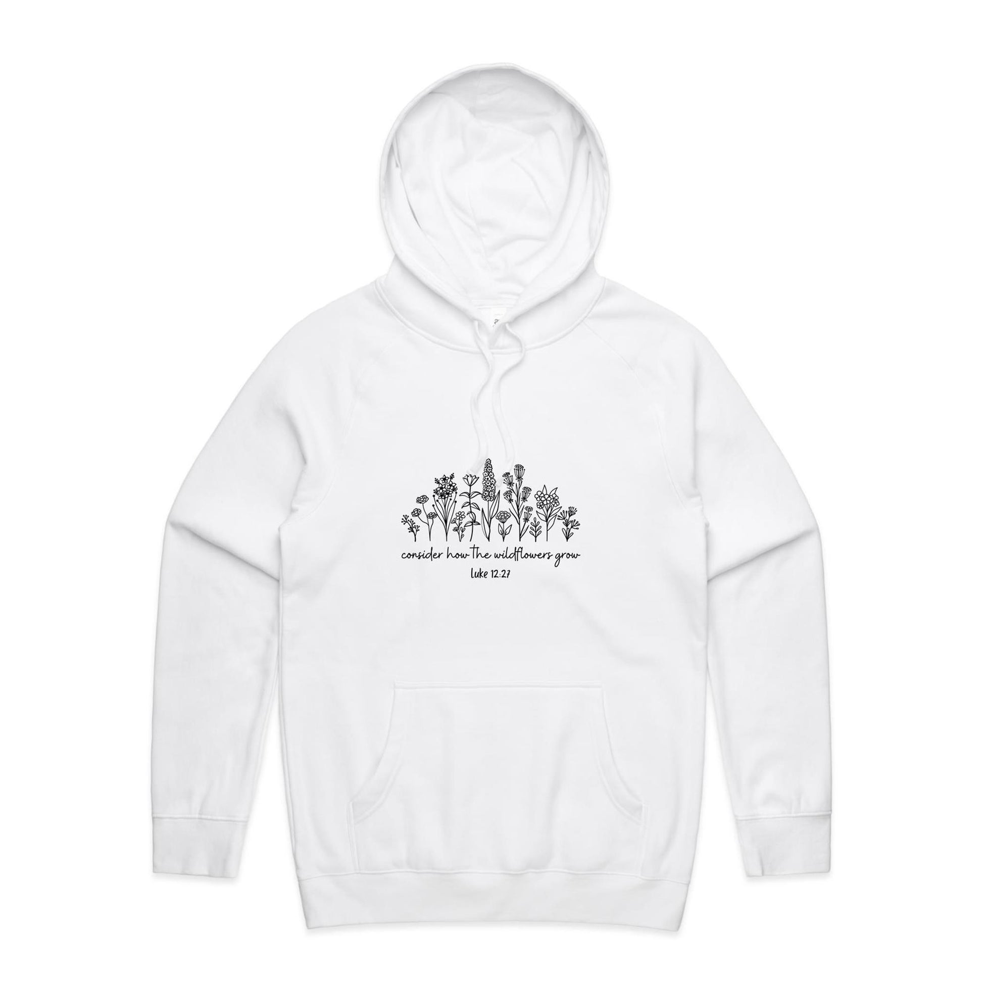 Christian hoodie with black wildflower illustration and Bible verse 'Consider how the wildflowers grow – Luke 12:27' — cozy faith-based apparel by Lighthouse Christian Clothing.